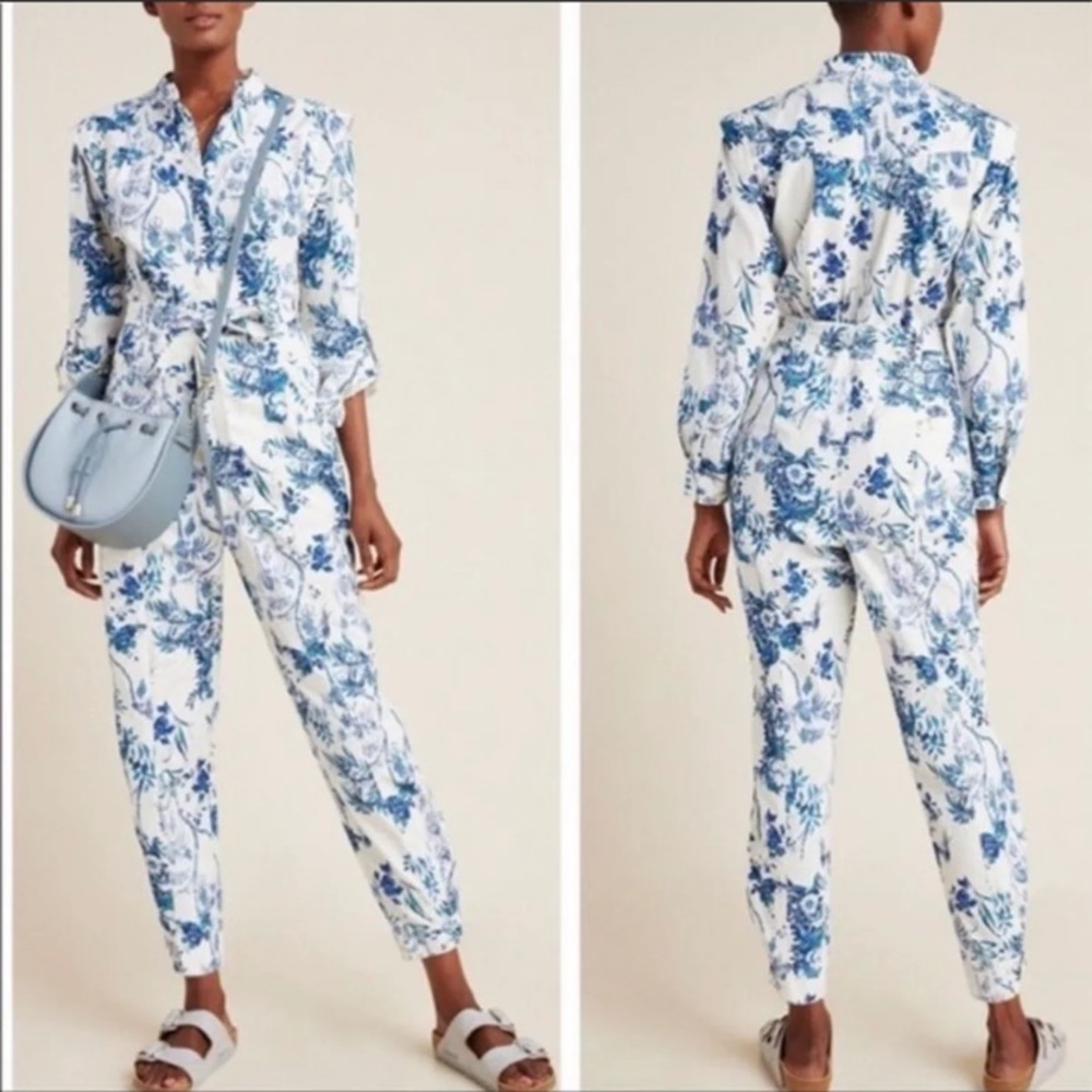 Anthropologie Lucienne Belted Jumpsuit Floral Blue White 14